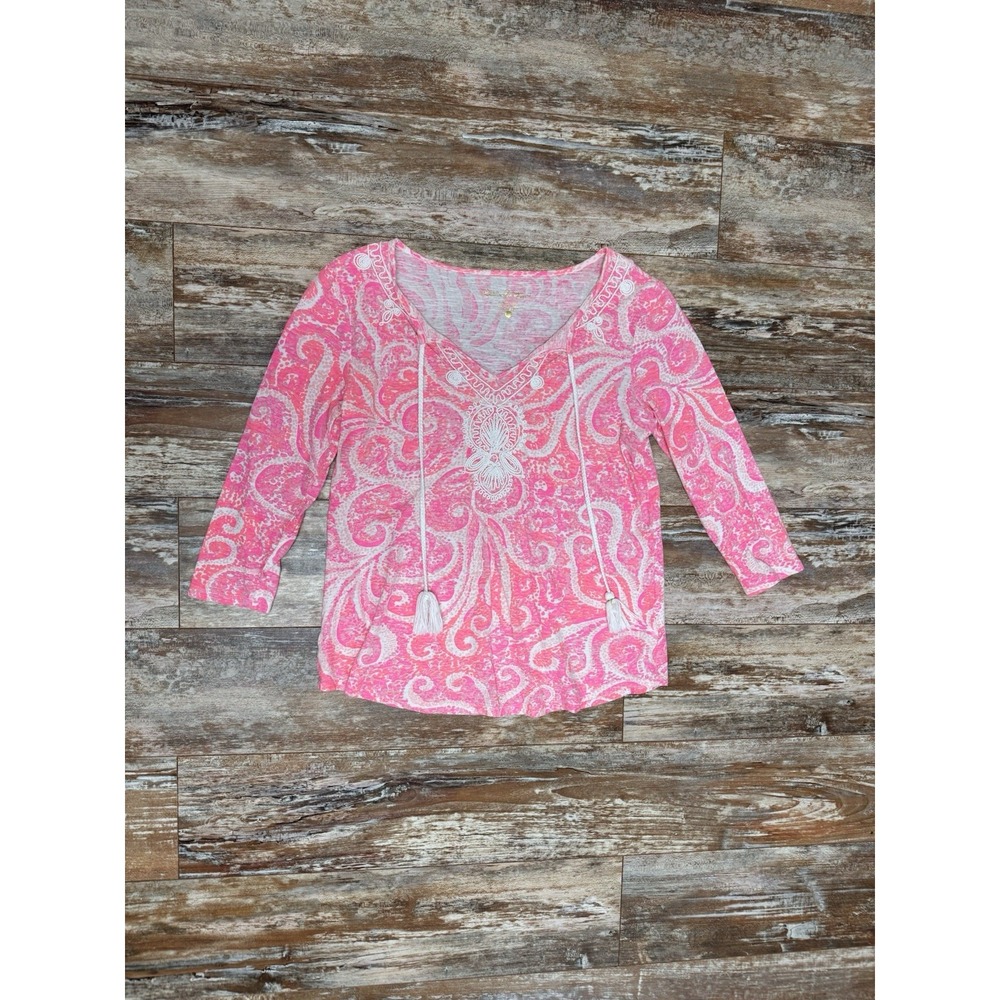 Women's Lilly Pulitzer Hollie Tunic Top Shirt Size XS Pink Tassel Coastal *Read*